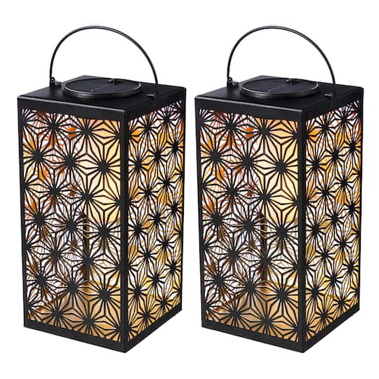 Glitzhome® 11" Set of 2 LED Black Metal Cutout Pattern Solar Powered Hanging Lantern